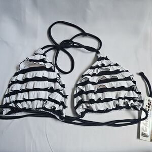 Chica Rica Bikini Top L Black White Ruffle Triangle Tie Neck Back Made USA NWT